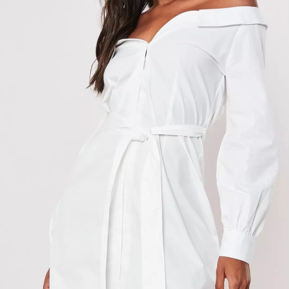 MISSGUIDED white poplin belted bardot shirt dress✨